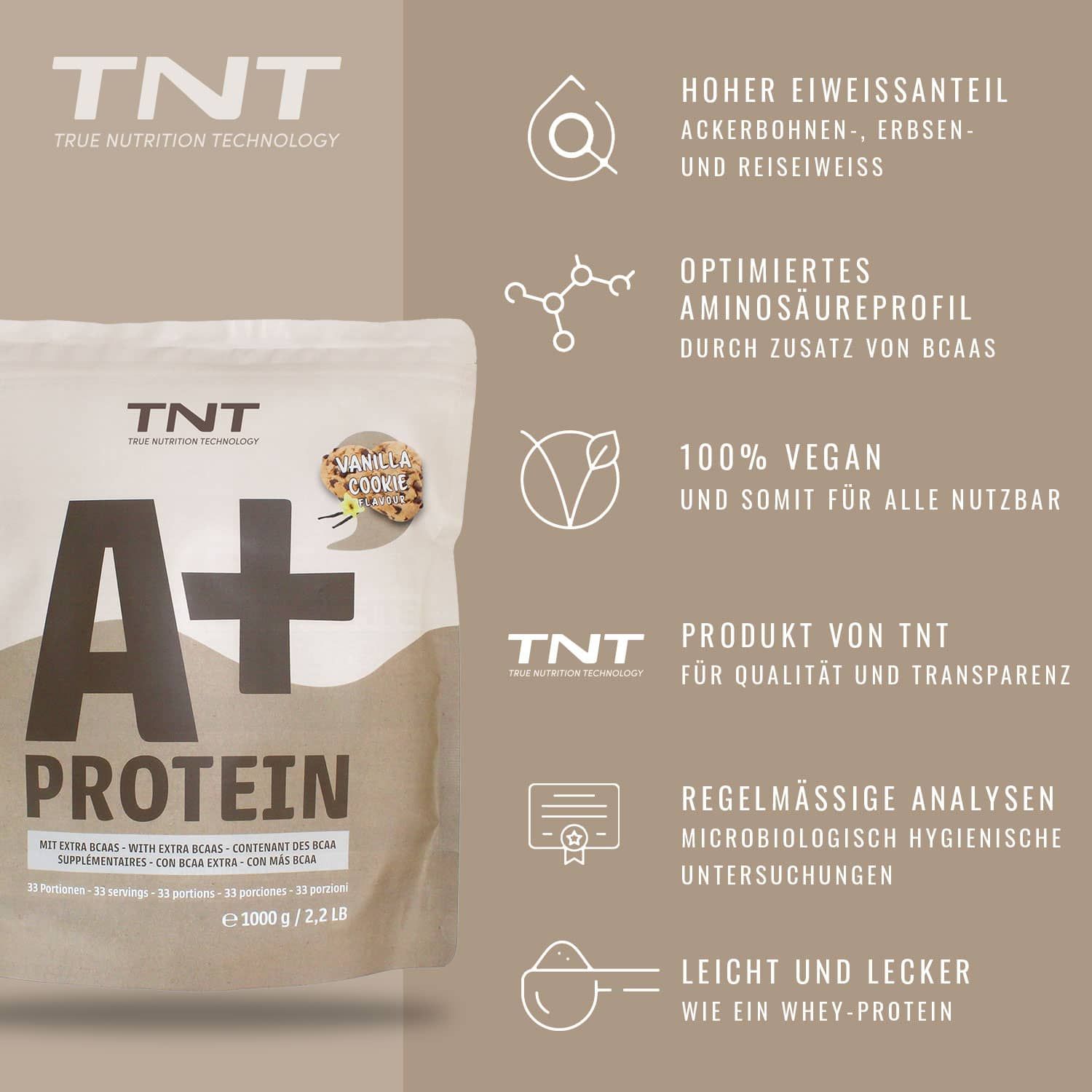 TNT A+ Protein Beutel, Aufschrift A+ Protein, Geschmacksrichtung Vanille Cookie. Text mit Icons.