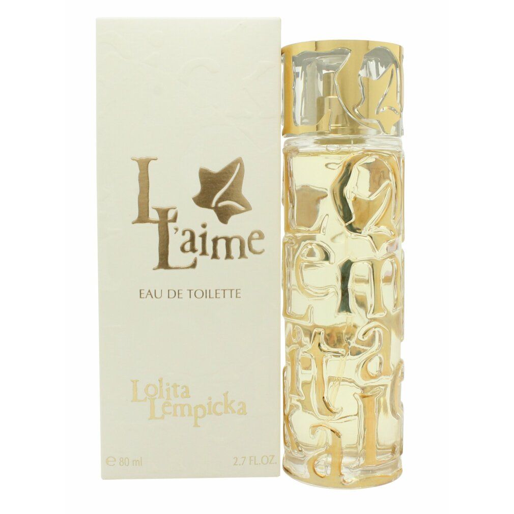 Parfümflakon und Schachtel. Flakon mit goldenen Buchstaben und Deckel. Schachtel mit L'aime Eau de Toilette und Lolita Lempicka.