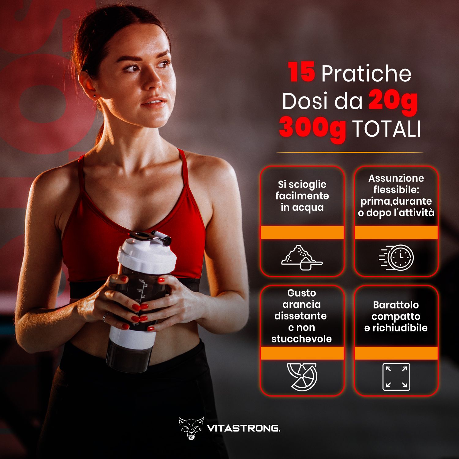 Frau mit Shaker. Text über 15 Portionen. Vier Symbole. Rote und gelbe Elemente. Logo.