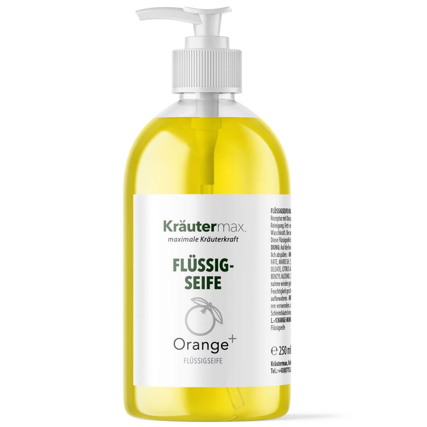 Flüssigseife Orange mit Dosierpumpe. Aufschrift: Kräutermax Flüssigseife Orange plus Meersalz.