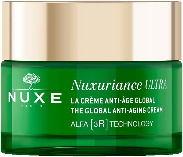 Grünes Cremetiegel mit goldfarbenem Deckel. Aufschrift: NUXE, Nuxuriance ULTRA, LA CRÈME ANTI-ÂGE GLOBAL, THE GLOBAL ANTI-AGING CREAM, ALFA [3R] TECHNOLOGY.