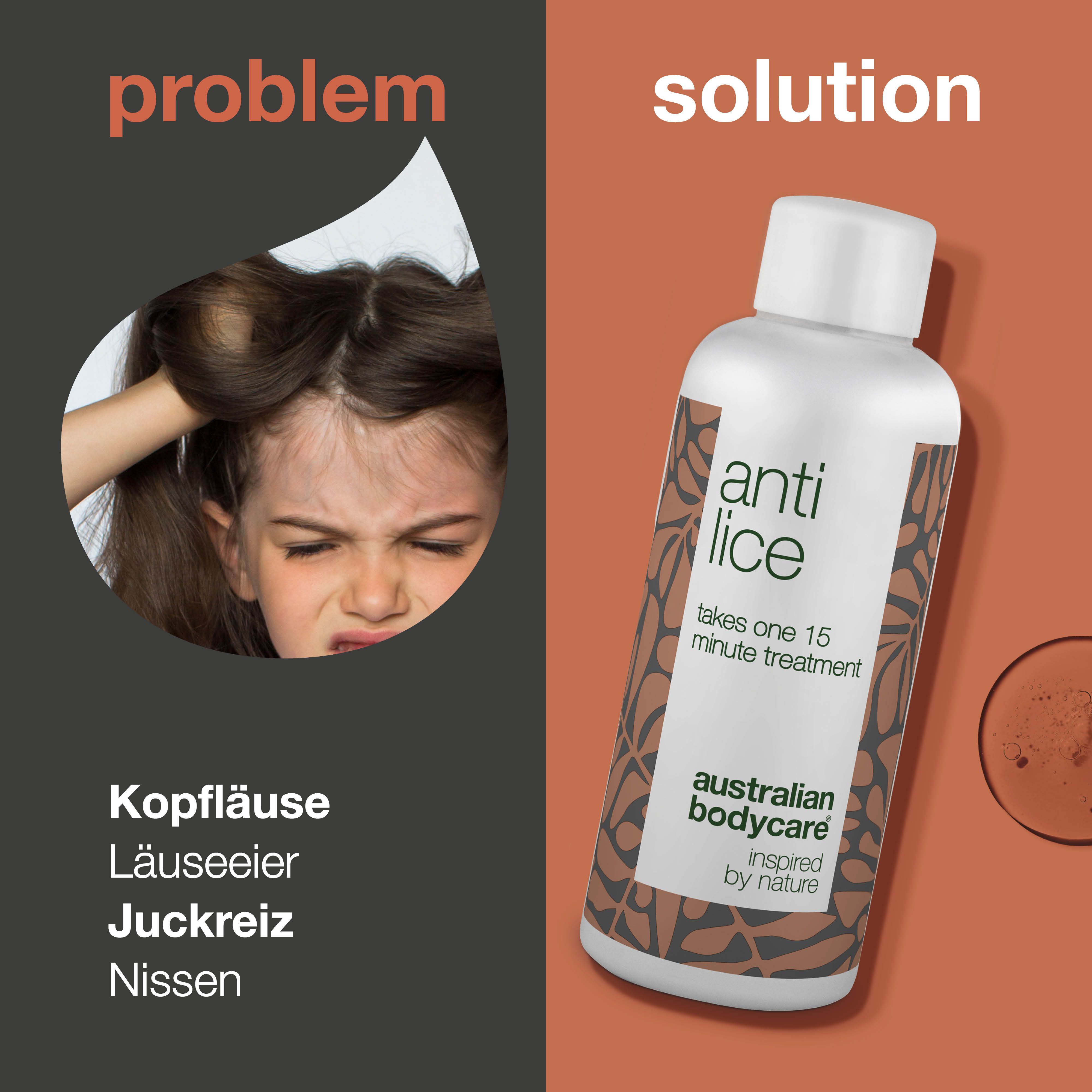Bild zeigt Problem und Lösung. Kind kratzt sich am Kopf. Flasche "Anti Lice".