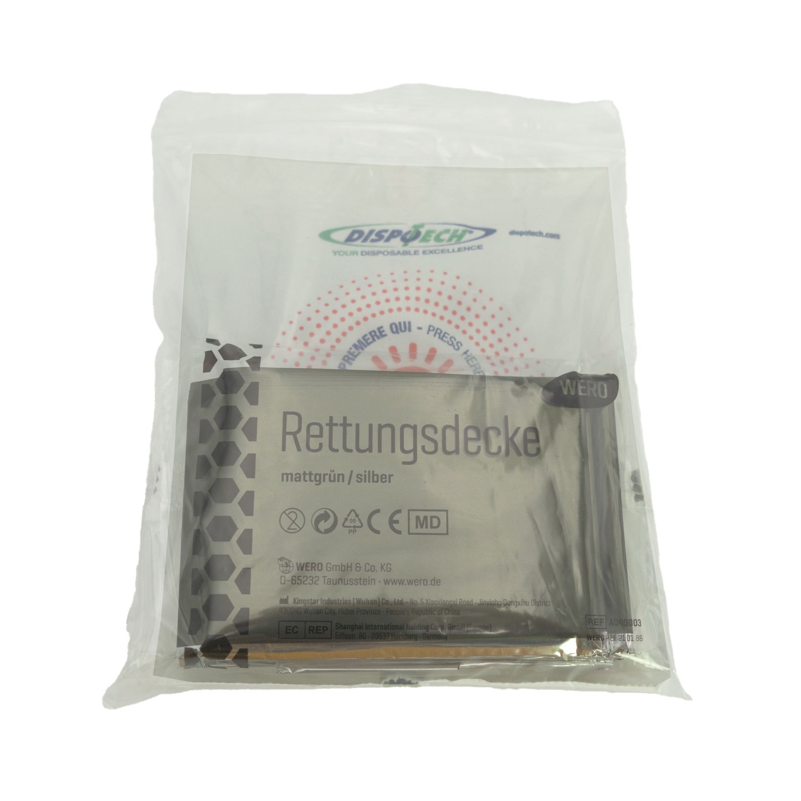 Verpackte Rettungsdecke, mattgrün/silber. Aufschrift: Rettungsdecke, CE-Kennzeichnung, MD. Herstellerlogo.