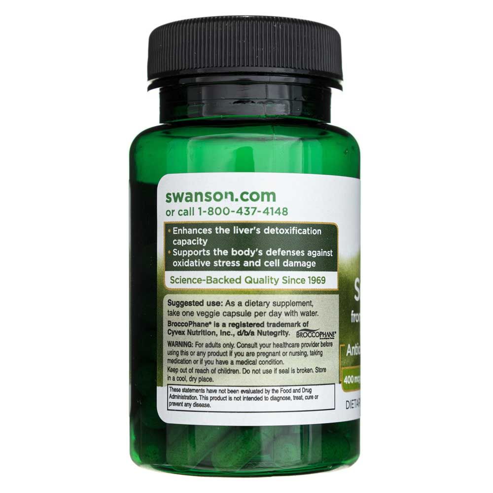 Rückseite der Flasche: Einnahmeempfehlung, Warnhinweis, Broccophané, Swanson Health Products.
