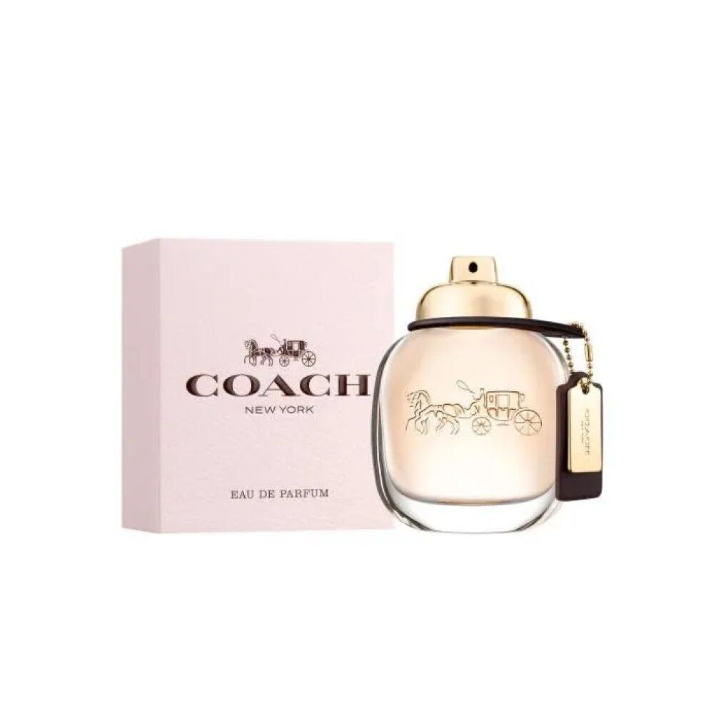 Parfümflasche und Verpackung. Flasche rund, goldener Deckel, Anhänger. Verpackung rosa, Coach-Logo.