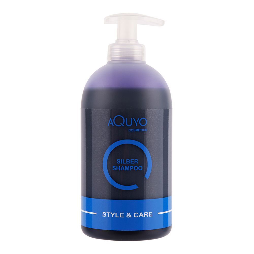 Shampoo-Flasche, dunkelblau mit lila Flüssigkeit. Produktname: Style & Care Silber Shampoo. Text: Silber Shampoo.