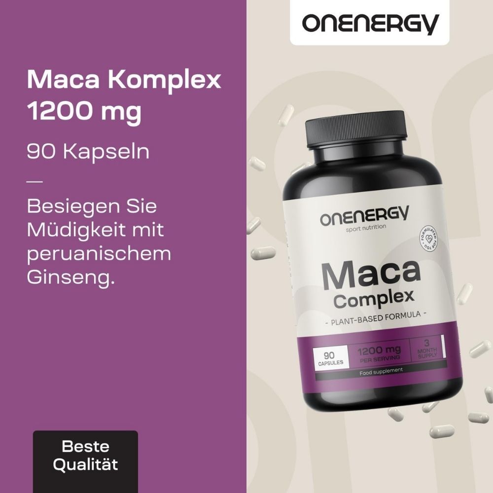 Produktflasche "OnEnergy Maca Komplex" neben Text. Text: Besiegen Sie Müdigkeit mit peruanischem Ginseng. Beste Qualität.