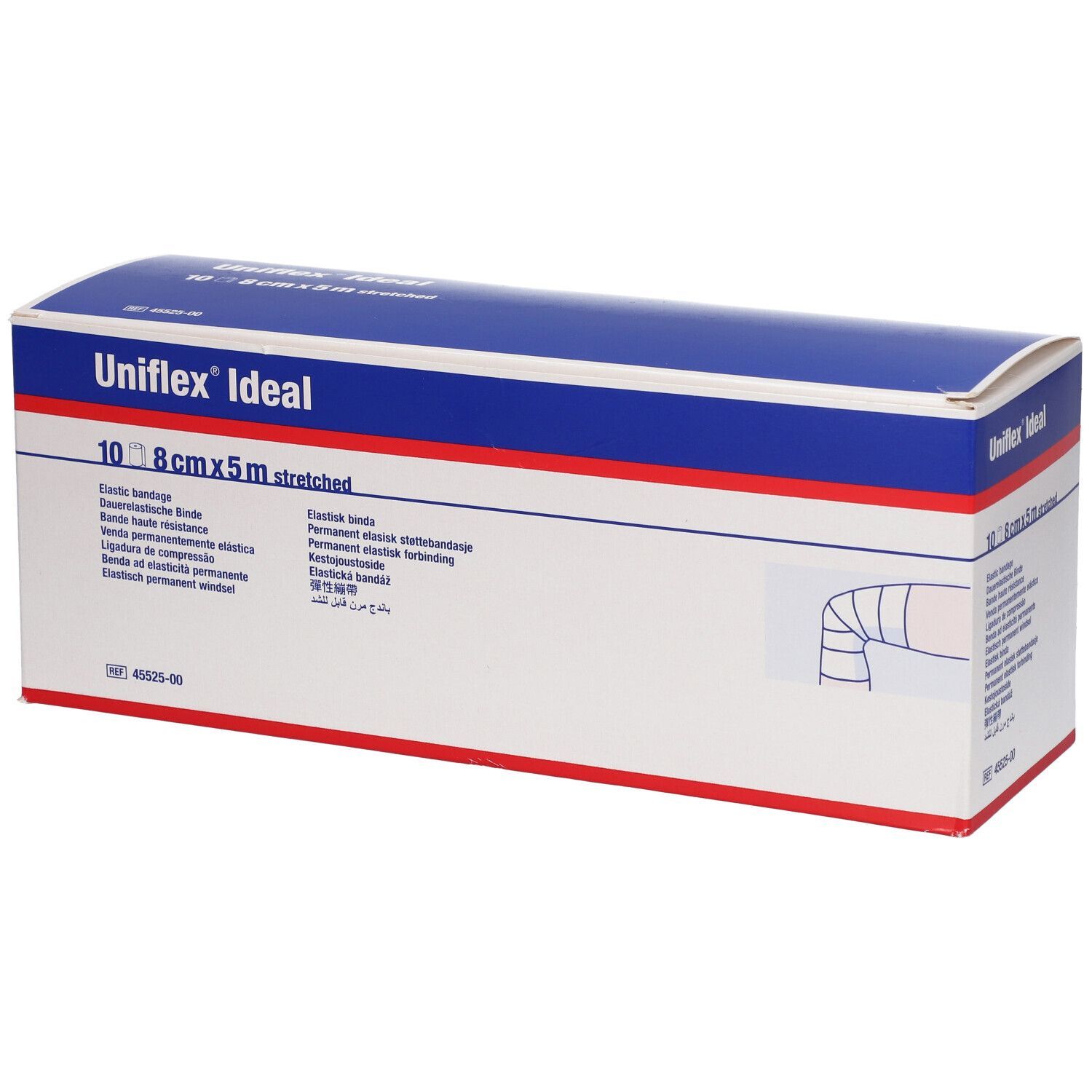 Uniflex Ideal Verpackung, elastische Binde, 8cm x 5m. Blaue und weiße Schachtel mit Produktinformationen.
