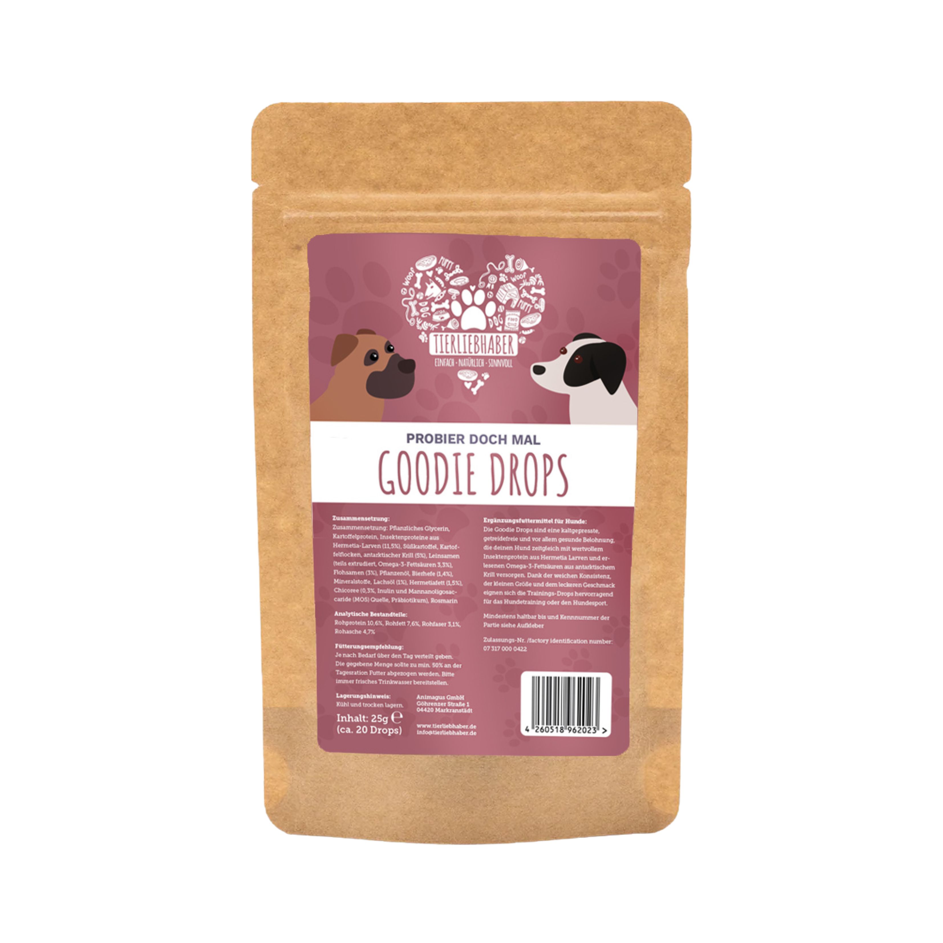 Beutel mit "Tierliebhaber Goodie Drops Probe". Brauner Beutel, lila Etikett mit Hunde-Illustrationen und Produktinformationen.