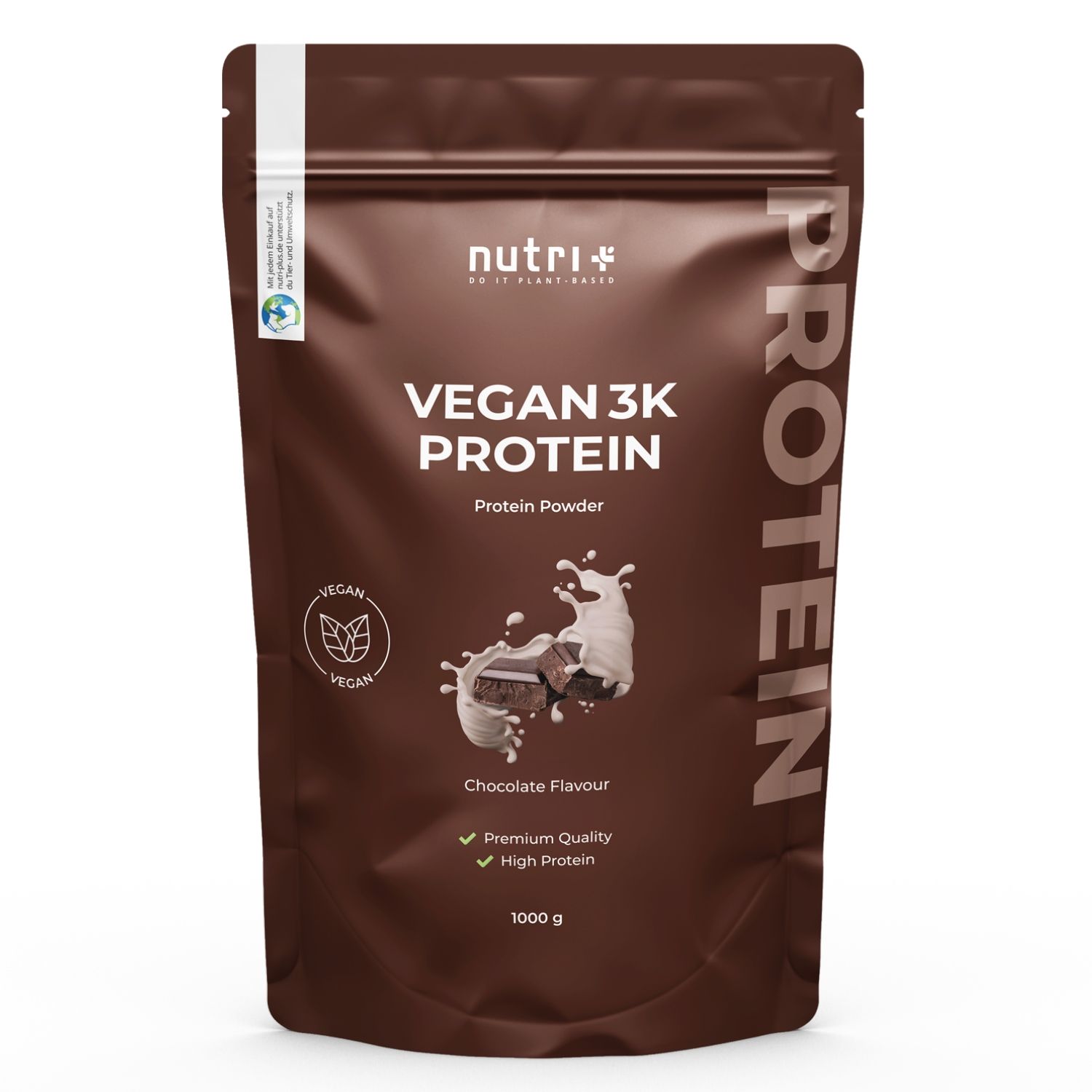 Braune Tüte mit Aufschrift "VEGAN 3K PROTEIN". Schokoladengeschmack. 1000 g. Vegan-Siegel.