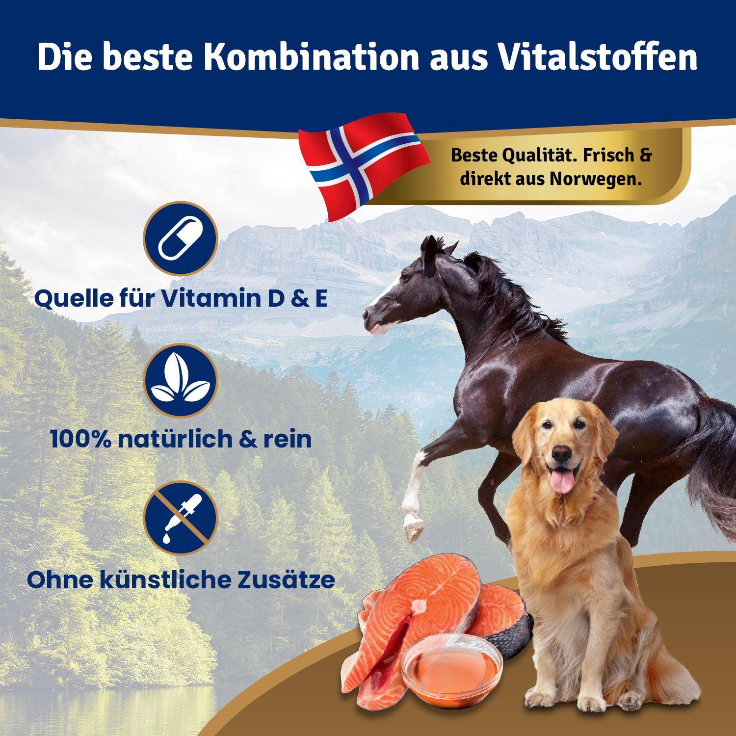 Hintergrund mit Bergen und Bäumen. Ein Pferd und ein Hund. Lachsfilet. Text: Quelle für Vitamin D & E, 100% natürlich & rein.