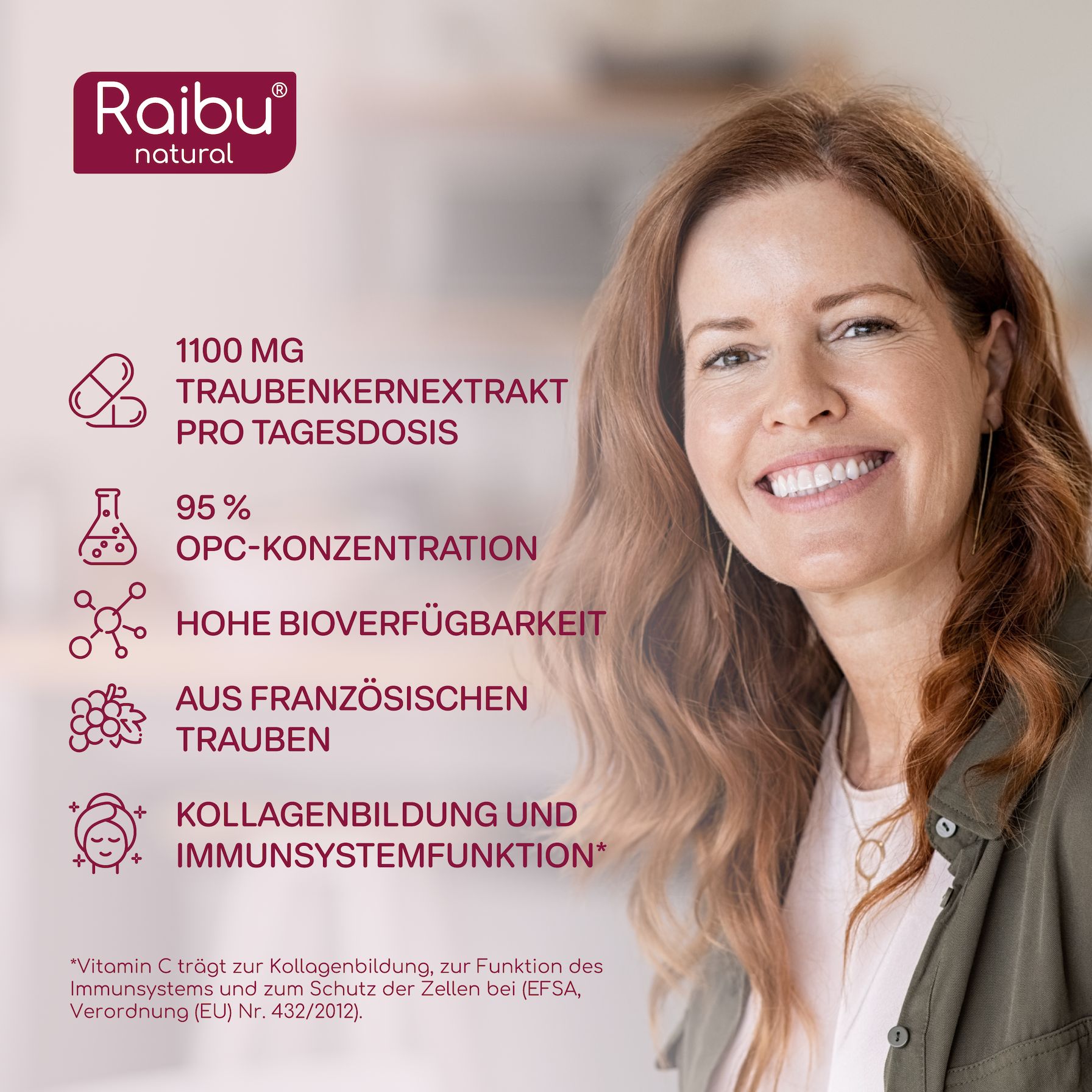Frau. Text: 1100 mg Traubenkernextrakt pro Tagesdosis. 95% OPC-Konzentration. Hohe Bioverfügbarkeit.