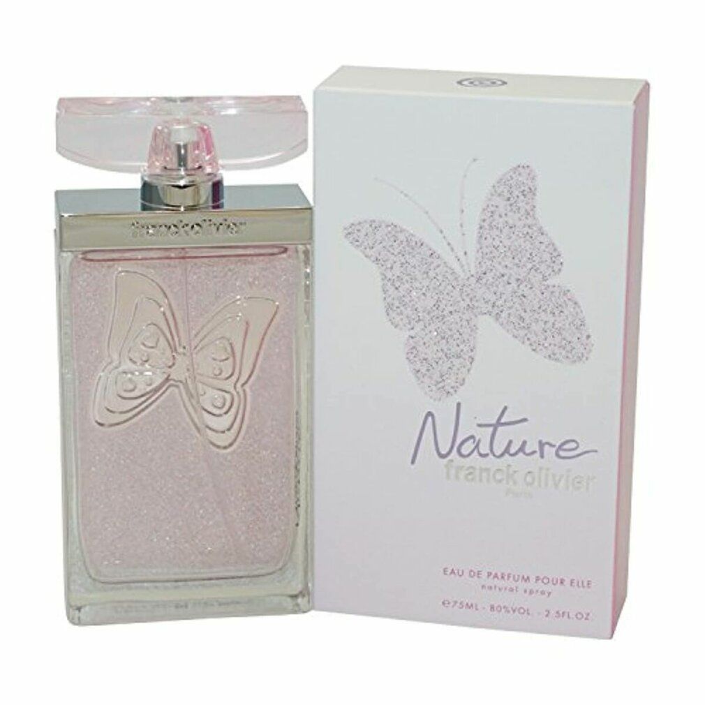 Parfümflakon und Verpackung. Flakon mit Schmetterling-Relief. Verpackung mit Schmetterling-Design und Schriftzug Nature.