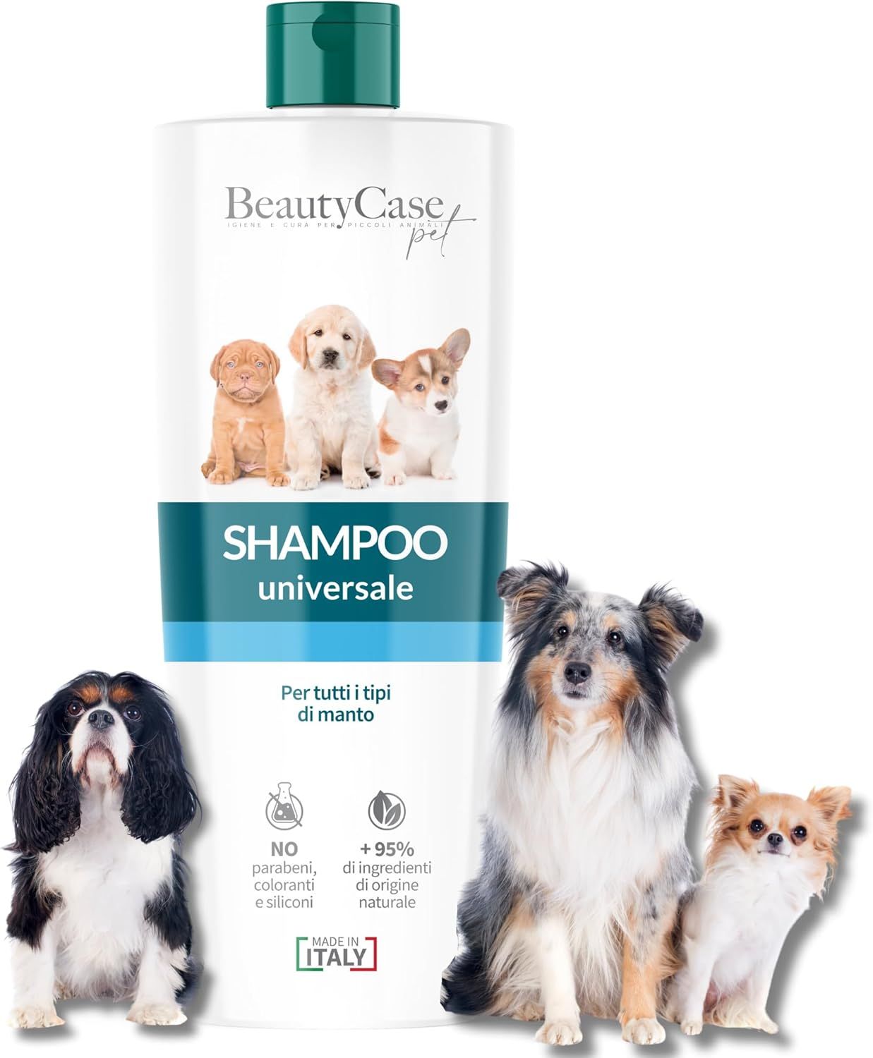 Shampoo-Flasche mit grünem Deckel. Aufschrift: Beauty Case Pet. Hunde-Illustrationen. Text: Shampoo Universale. Für alle Felltypen. Hergestellt in Italien.
