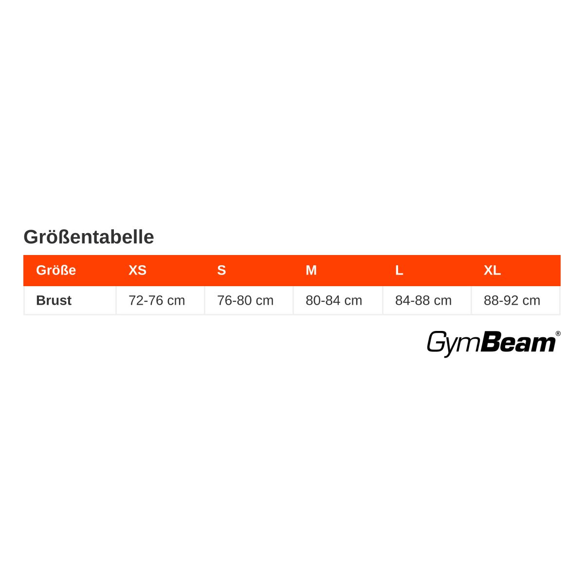 Größentabelle für Brustumfang von XS (72-76 cm) bis XL (88-92 cm) mit GymBeam-Logo.