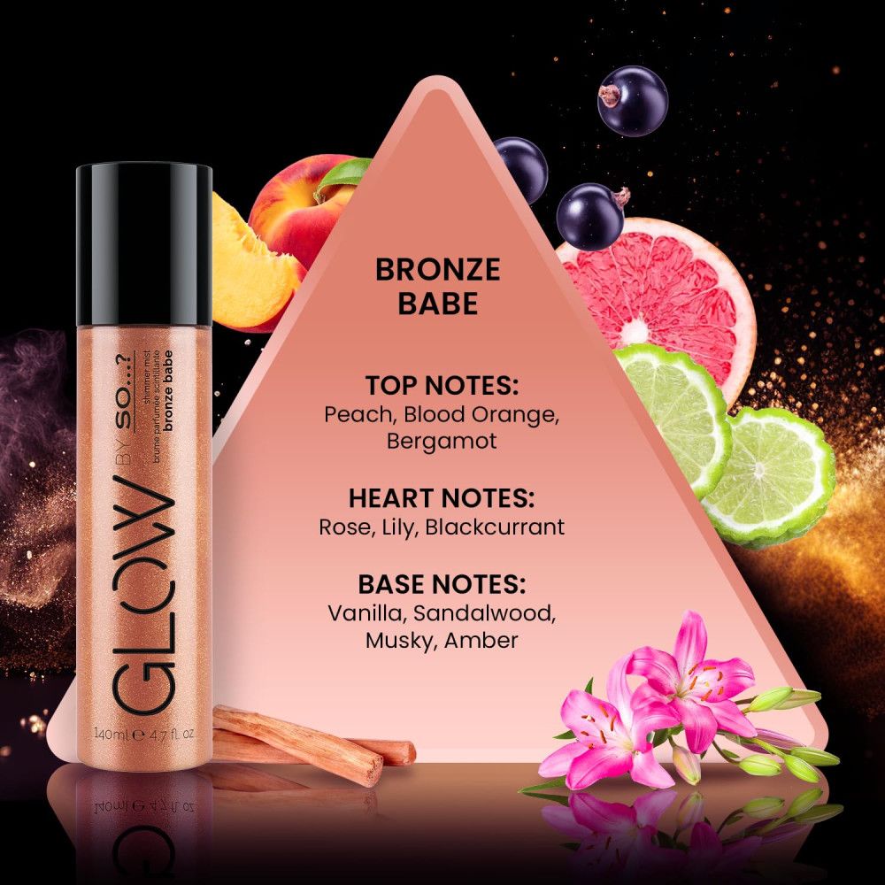 Körper-Duftspray. Bronze-Farbton. Schwarzer Sprühkopf. Produktname: GLOW BY SO...?. Inhaltsstoffe und Früchte abgebildet.