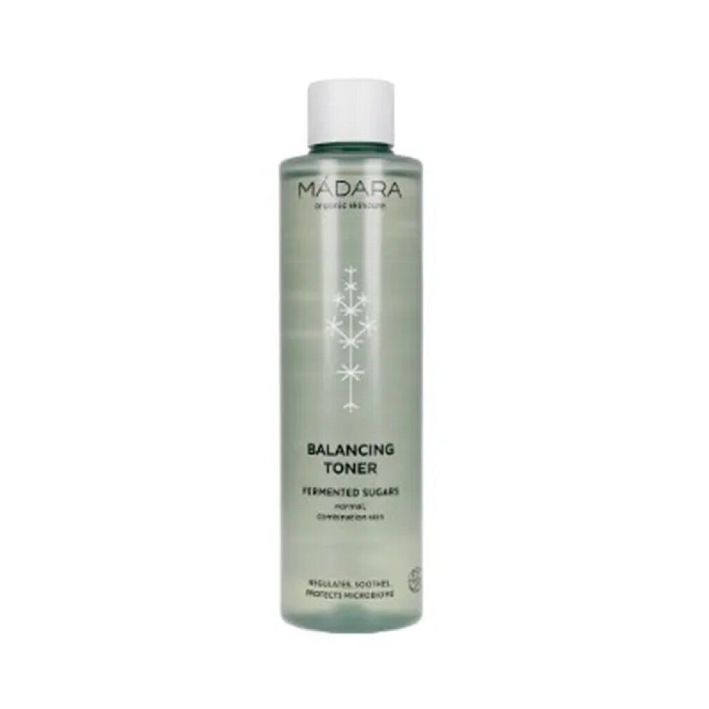 Grüne Flasche mit weißem Deckel. Aufschrift: MÁDARA, Balancing Toner, Fermented Sugars. Für normale/Mischhaut.