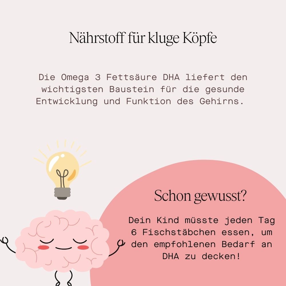Text: Nährstoff für kluge Köpfe. Gehirn-Illustration mit Glühbirne. Text über DHA und gesunde Entwicklung.
