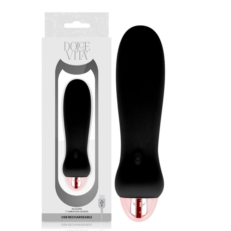 Schwarzer Silikon-Vibrator mit roségoldfarbenem Ende. Verpackung mit Produktabbildung und "Dolce Vita"-Logo. USB-Ladefunktion.