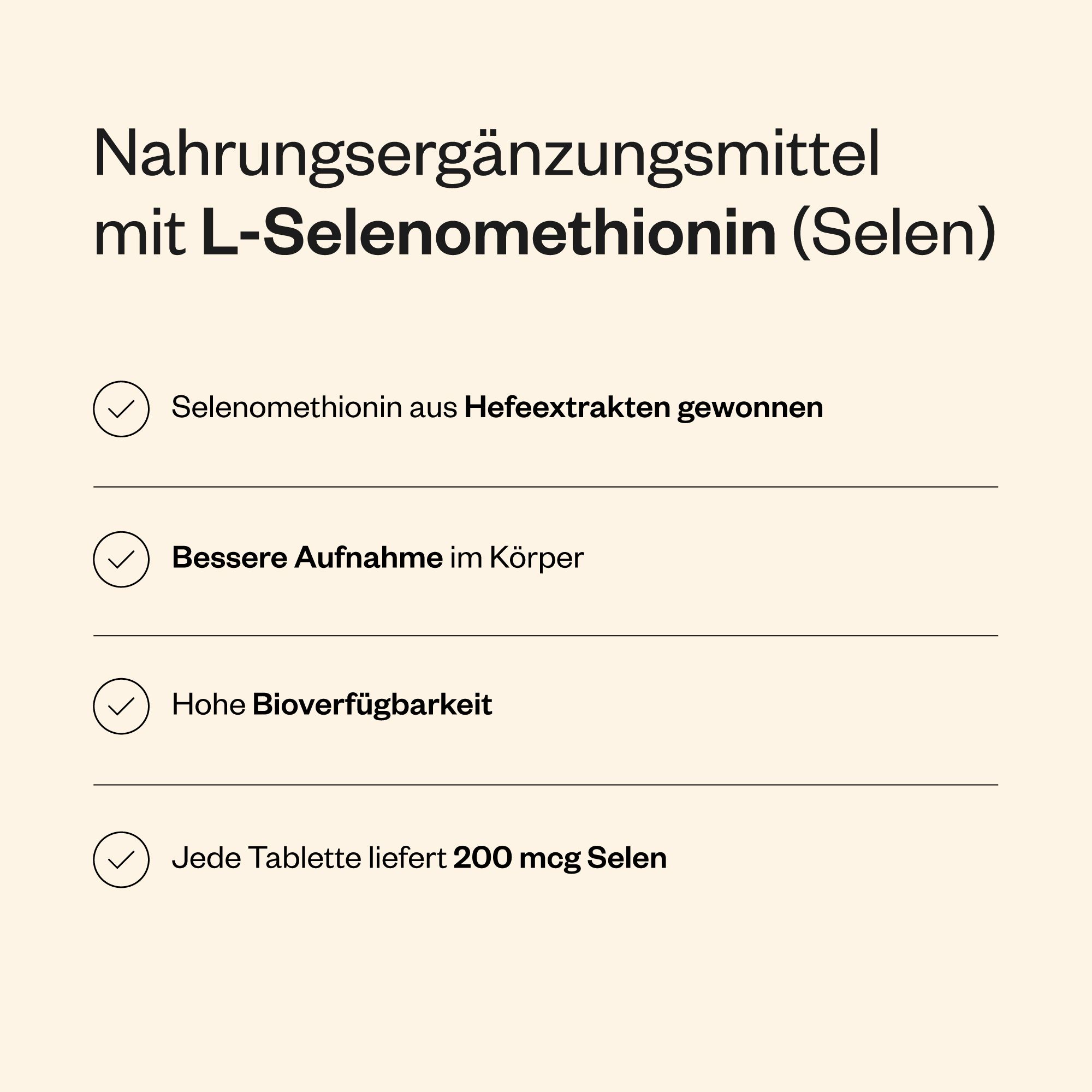 Grafik mit Text: Nahrungsergänzungsmittel mit L-Selenomethionin (Selen). Vorteile: Selenomethionin aus Hefeextrakten, bessere Aufnahme.