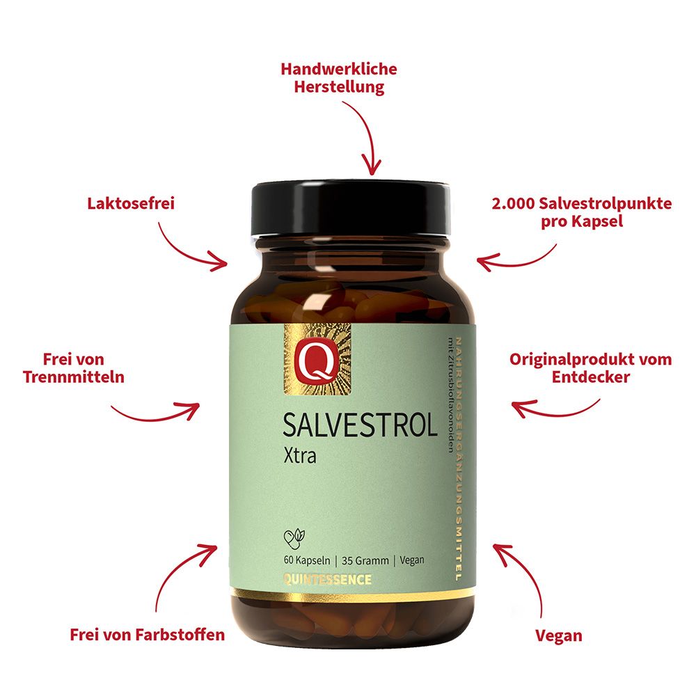 Braune Glasflasche mit schwarzen Deckel. Etiketten mit Produktname Salvestrol Xtra, Logo und Inhaltsangaben.