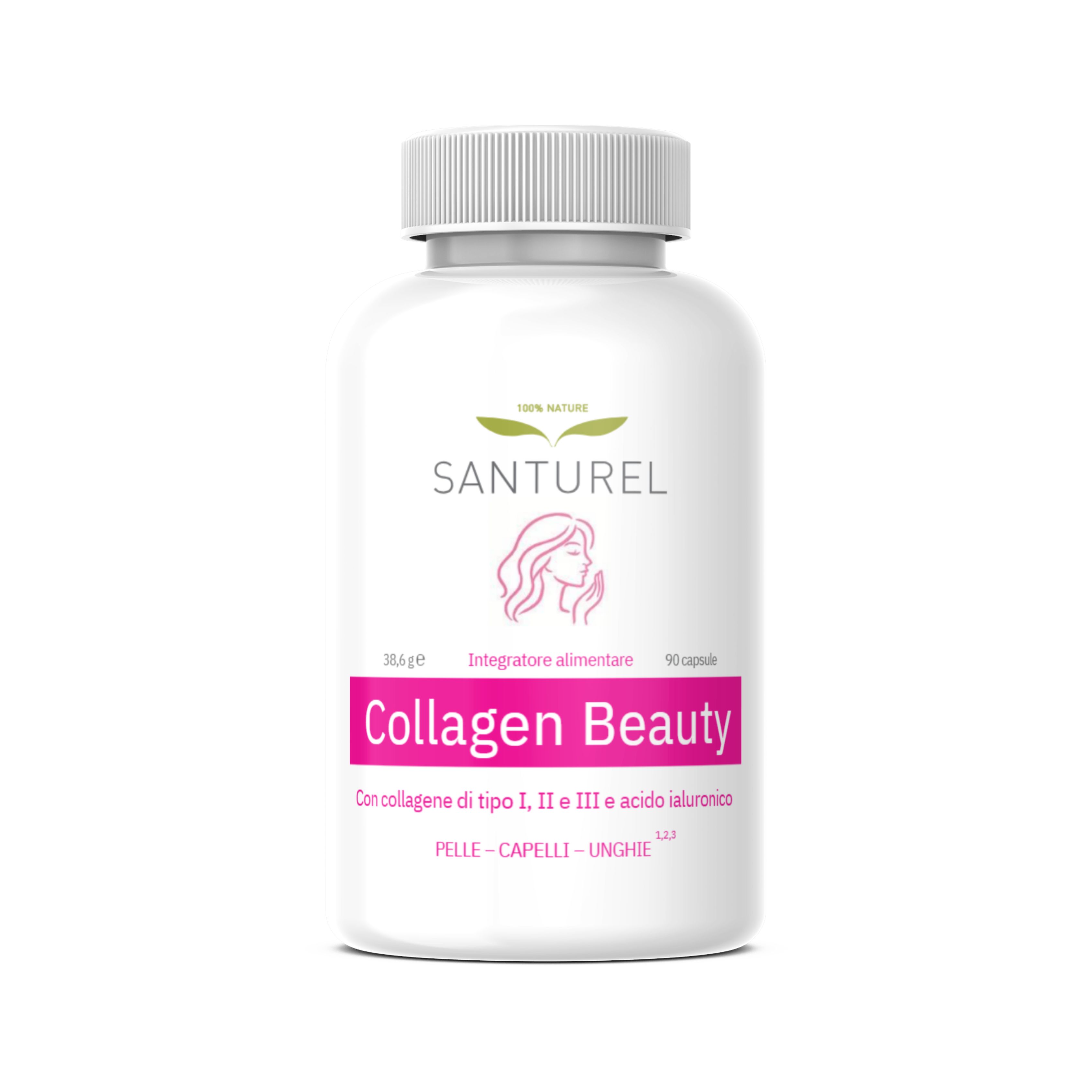 Weiße Flasche mit Kapseln. Aufschrift: SANTUREL, Collagen Beauty, mit Collagen Typ I, II, III und Hyaluronsäure. Für Haut, Haare, Nägel.