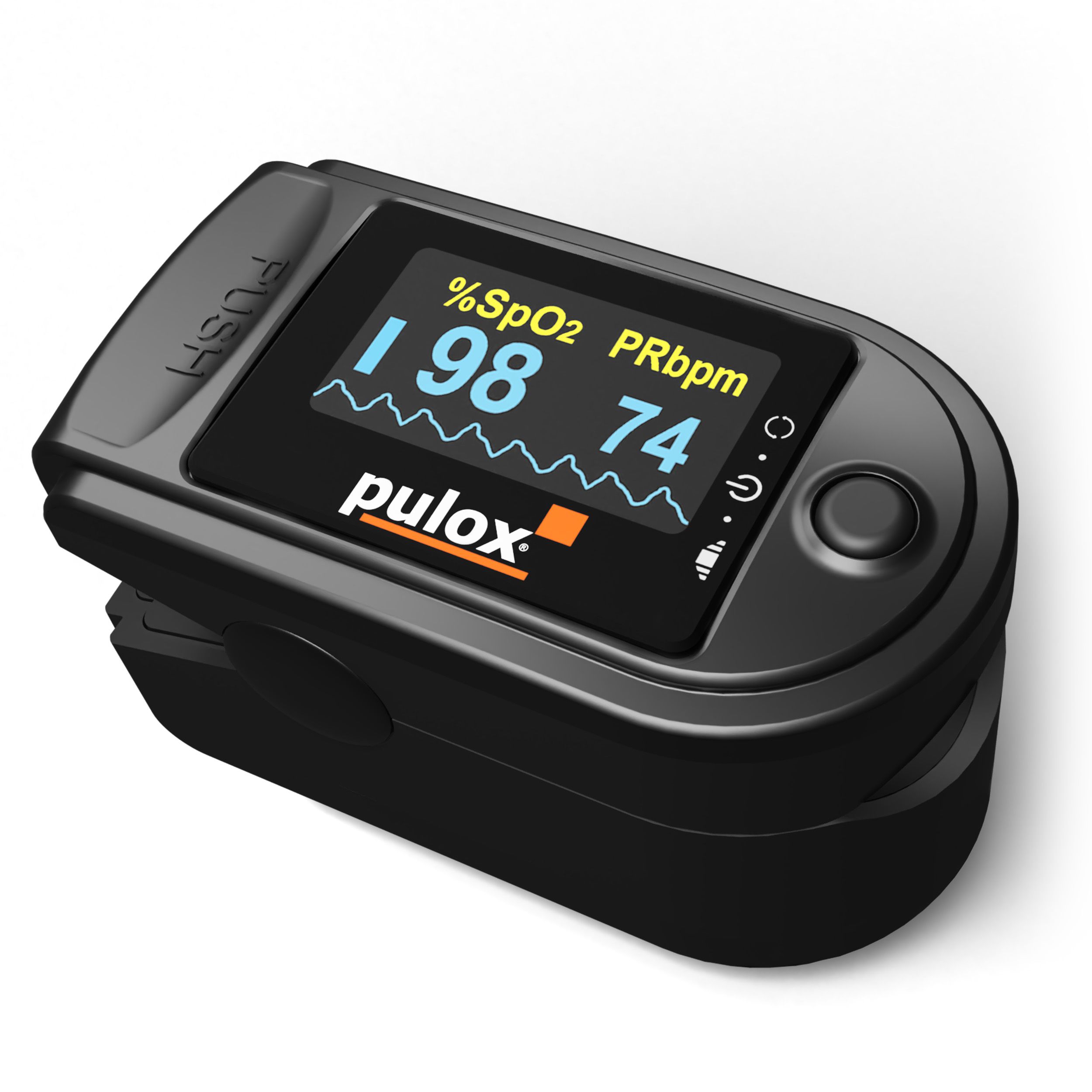 Schwarzes Pulsoximeter mit Display. Anzeige von %SpO2 und PRbpm. Marke: pulox. Ein-Knopf-Bedienung.
