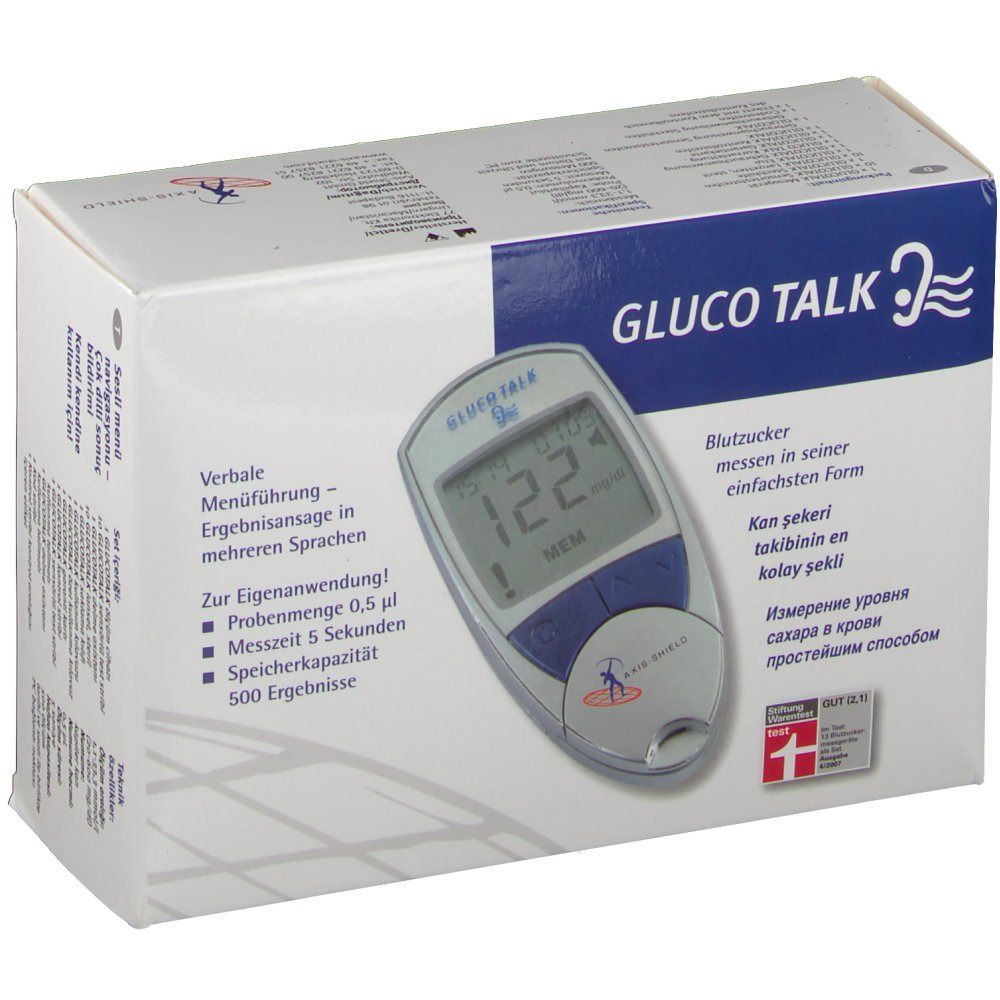 Verpackung des GLUCO TALK Sets. Aufgedruckt: Blutzuckermessgerät, Display mit Wert, Produktname, Logos und Text in mehreren Sprachen.