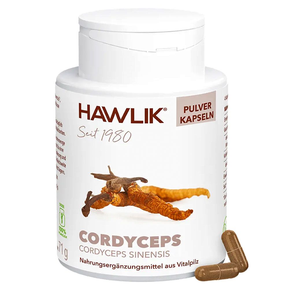 Weiße Dose mit braunen Kapseln. Aufschrift: HAWLIK, Cordyceps, Pulver Kapseln. Seit 1980. Nahrungsergänzungsmittel.
