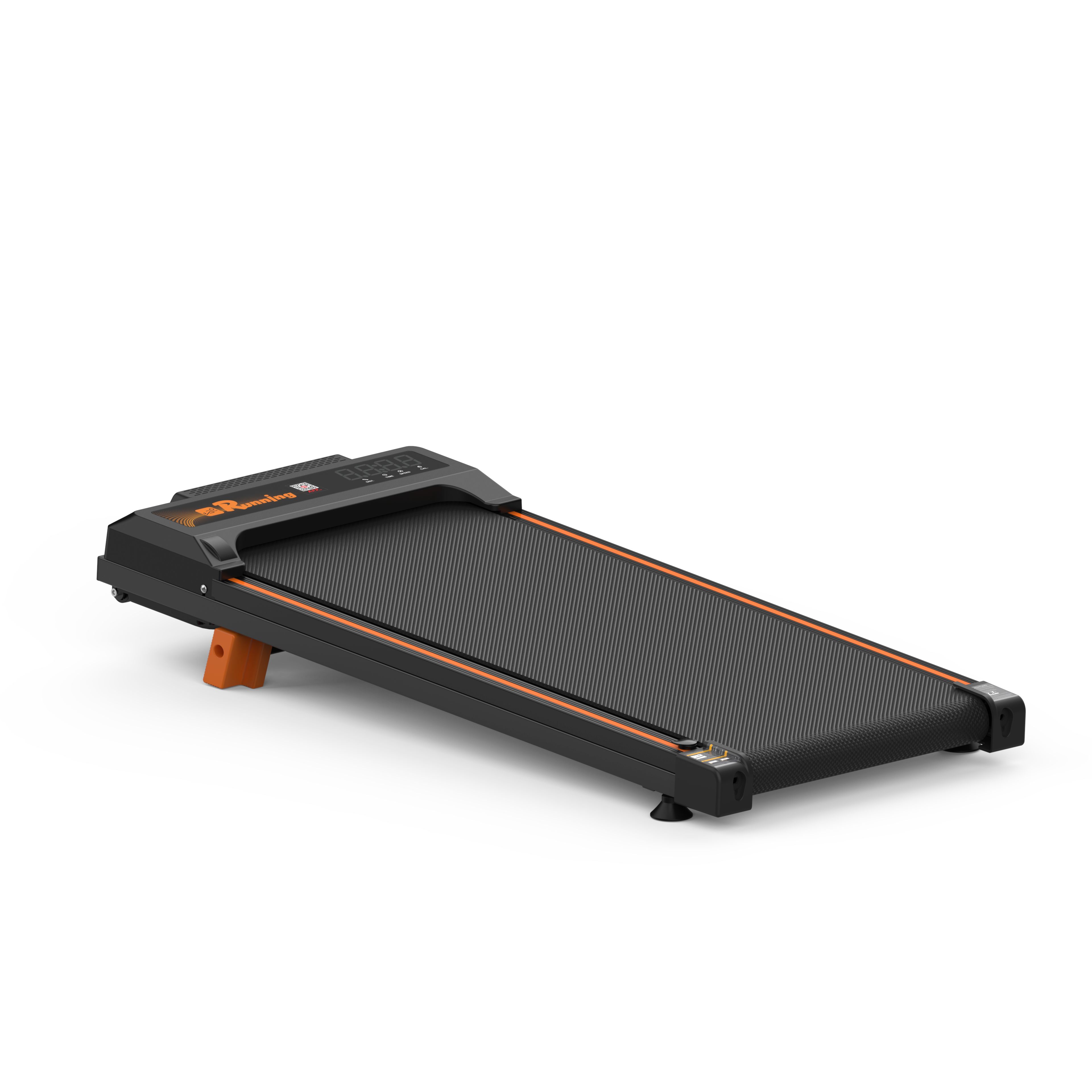 Schwarzes Laufband mit orangefarbenen Akzenten. LED-Display und Rollen. Flaches Design.