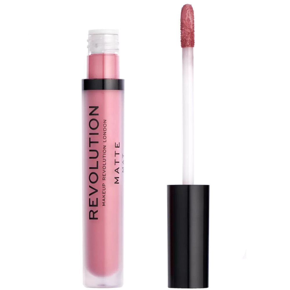 Matter Lipgloss von Makeup Revolution. Rosa Farbton, offene Flasche mit Applikator. Schwarzer Deckel, Schriftzug.