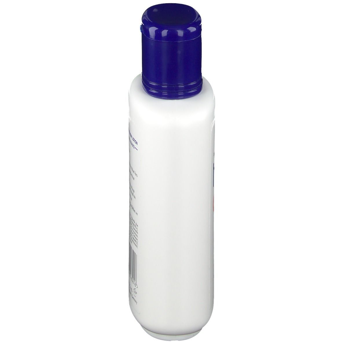 Weiße Flasche mit blauem Deckel, Seitenansicht. Aufschrift teilweise sichtbar. Produktname: tensimed Body Lotion.