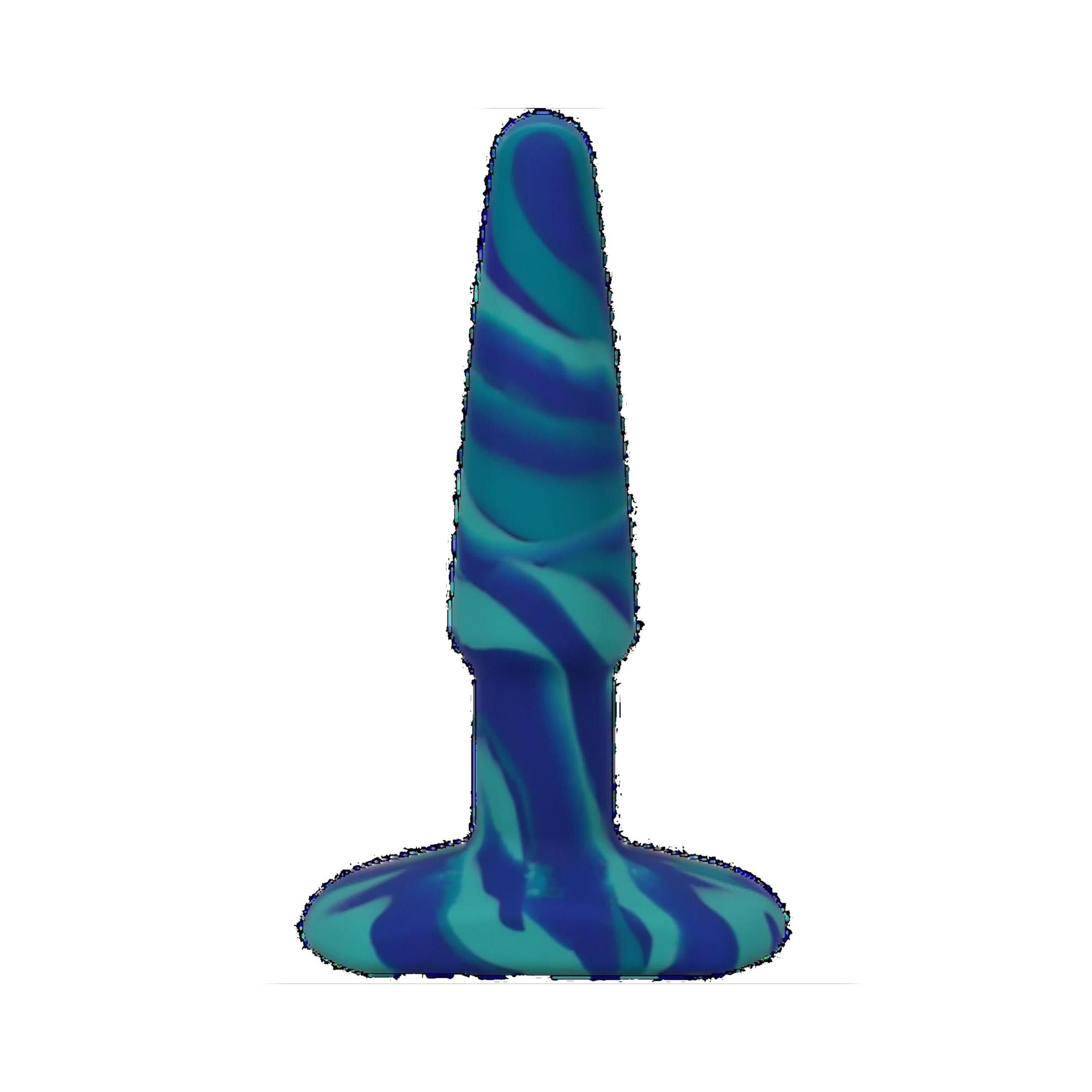 Analplug aus Silikon. Blau-türkis marmoriert. Zylindrische Form mit breiter Basis.