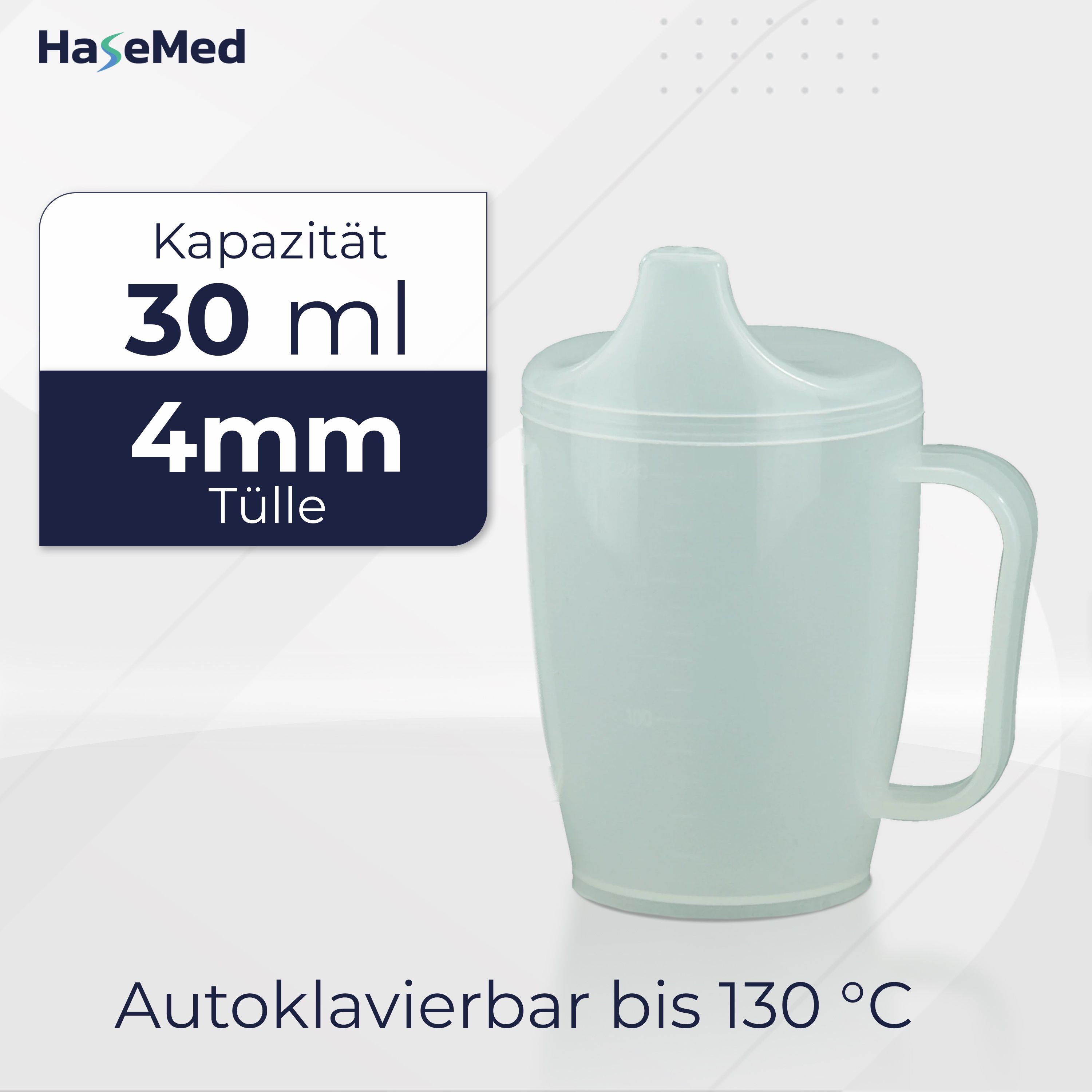 Hellgrauer Trinkbecher mit Griff und Tülle. Kapazität: 30 ml, 4mm Tülle. Autoklavierbar bis 130°C. Marke HaseMed.