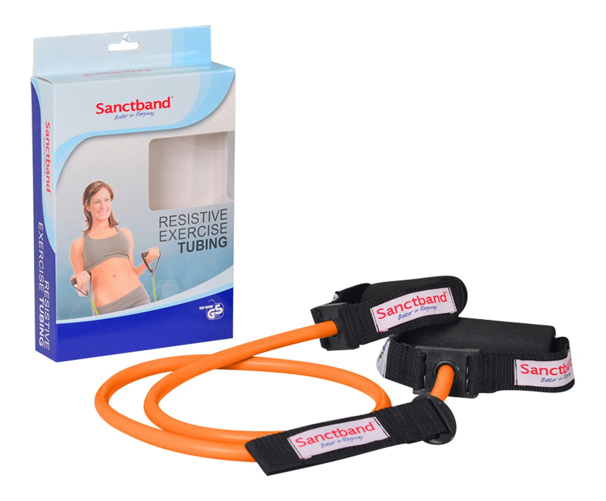 Sanctband-Übungsband in Orange mit Griffen und Verpackung. Verpackung mit Abbildung einer Frau, die das Band benutzt.