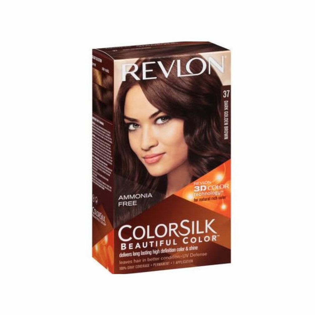 Haarfärbemittel-Verpackung. Revlon Colorsilk, Farbton 37, Chocolate. Abbildung einer Frau mit braunem Haar. Text: 3D Color Gel Technologie.