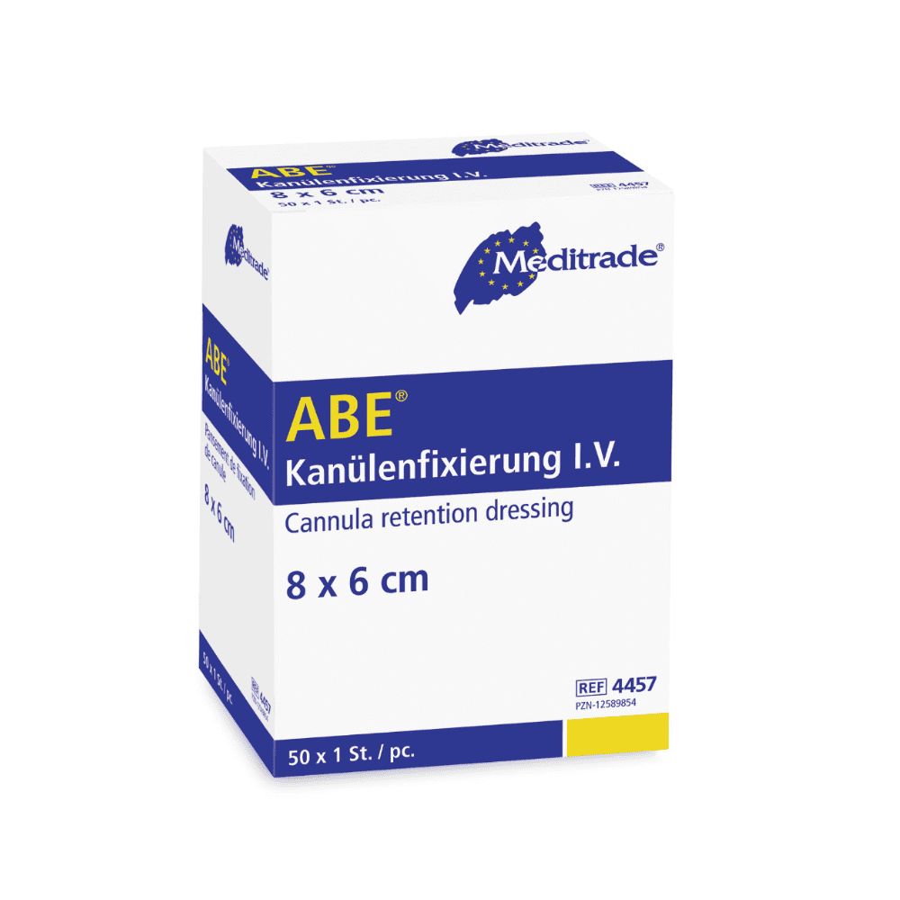 Meditrade ABE Kanülenfixierpflaster i.V. Packung. Größe 8 x 6 cm. Enthält 50 Stück. Aufschrift: Cannula retention dressing.