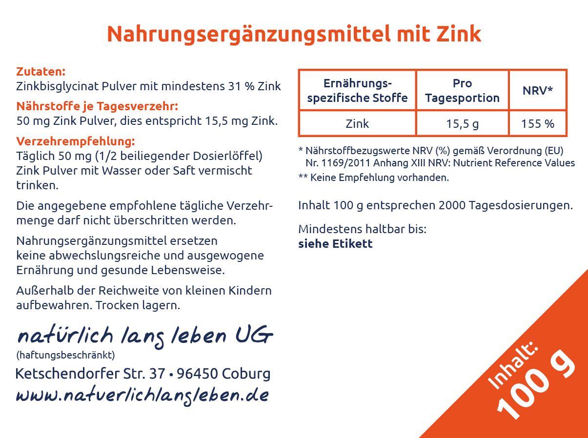 Etikett mit Text: Nahrungsergänzungsmittel mit Zink. Inhaltsstoffe, Nährwerttabelle, Herstelleradresse, 100 g.