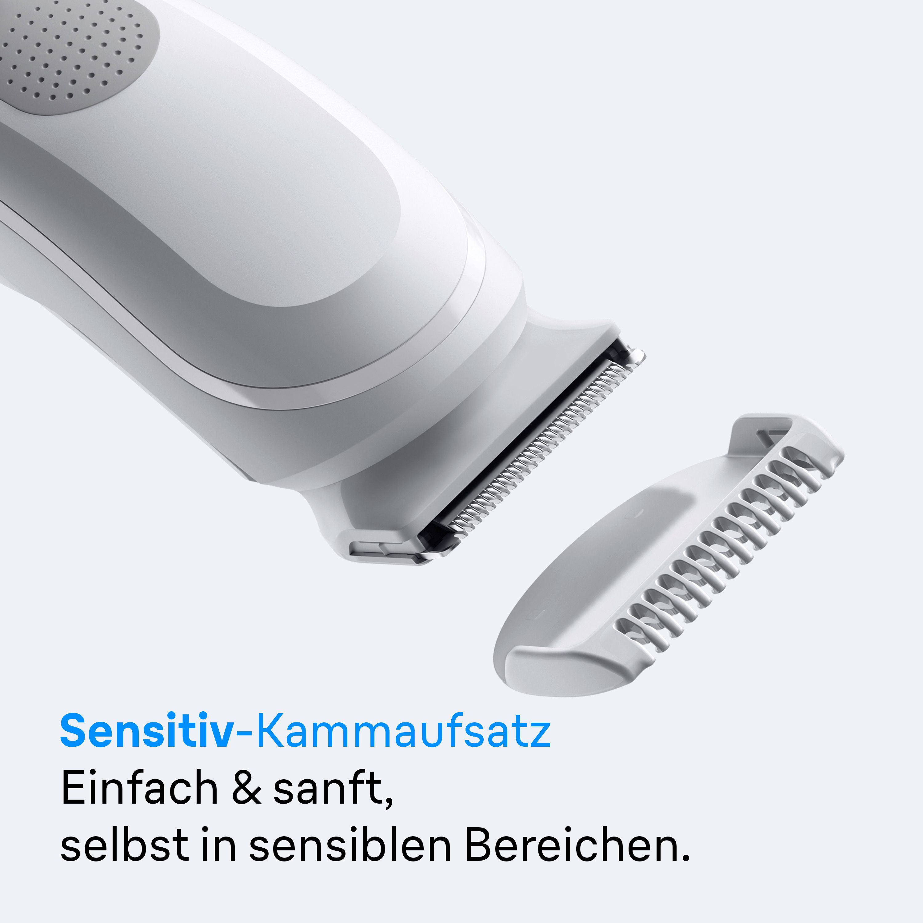 Braun BG3 BodyGroomer mit abgenommenem Sensitiv-Kammaufsatz. Einfach & sanft.