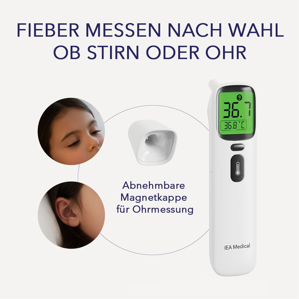 Digitales Fieberthermometer mit abnehmbarer Magnetkappe. Ohr- und Stirnmessung möglich. Marke: IEA Medical. Text: FIEBER MESSEN NACH WAHL OB STIRN ODER OHR.