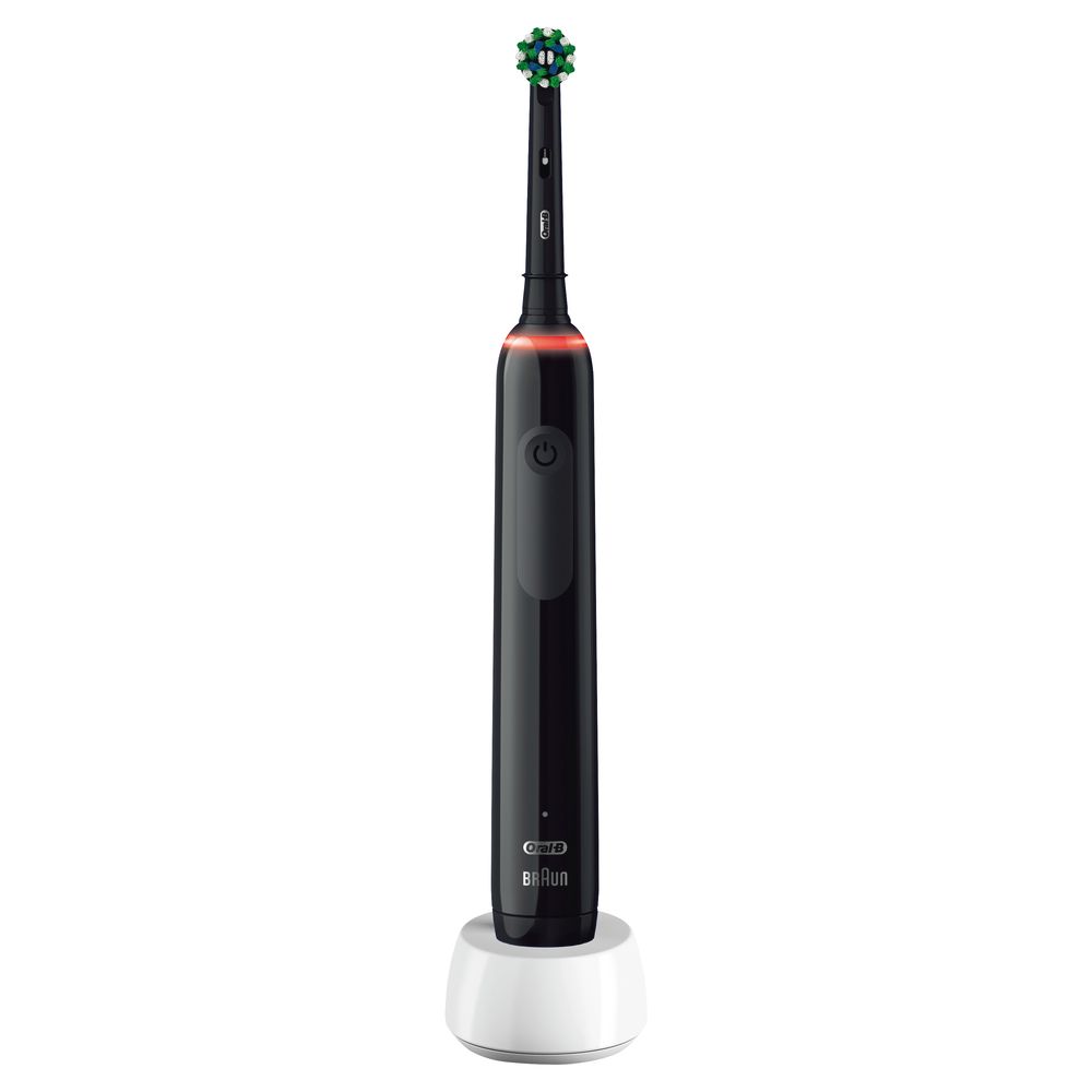 Schwarze elektrische Zahnbürste mit Ladestation. Auf dem Griff steht "Oral-B".