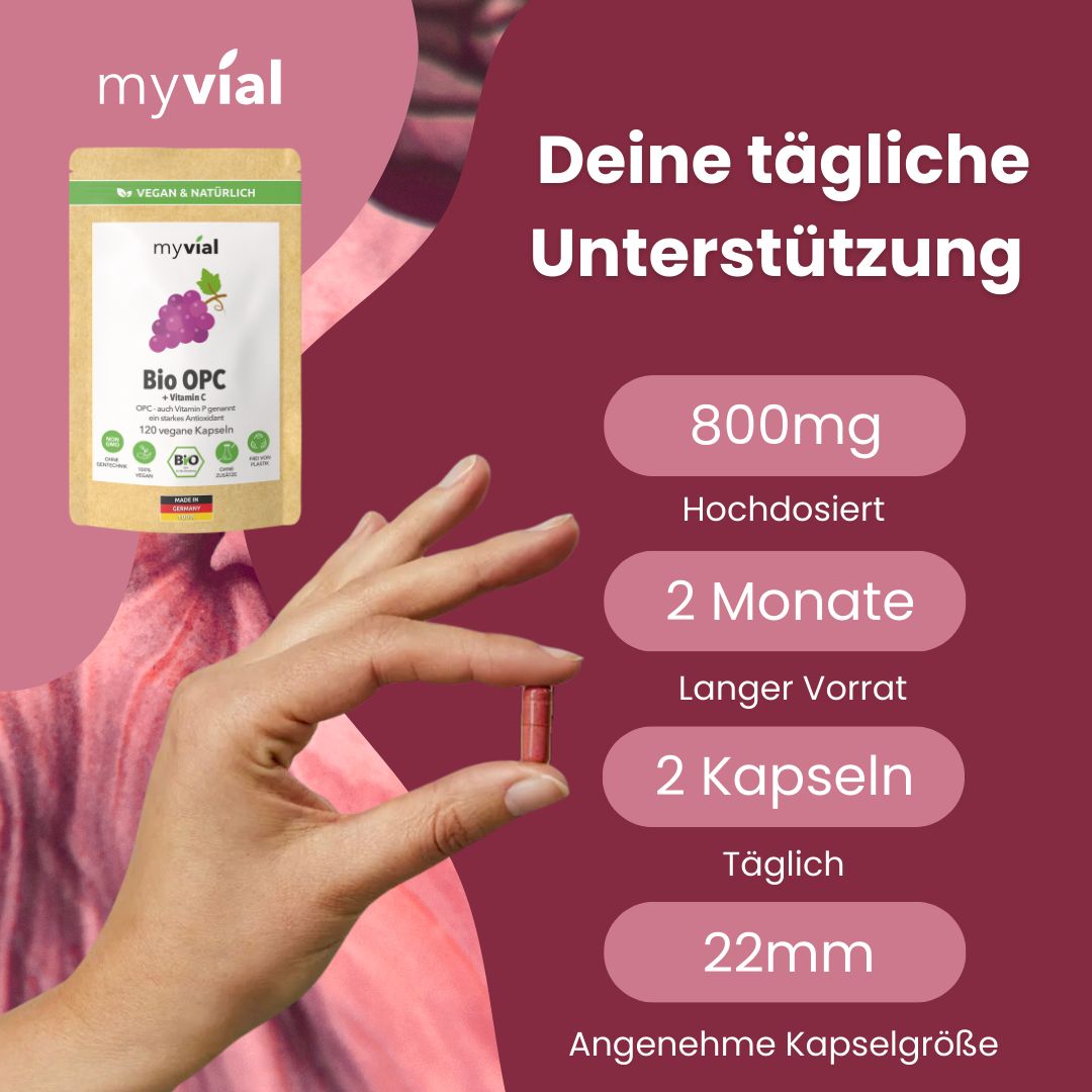 myvial® Bio OPC Kapseln - Traubenkern-, Aronia- & Acerolapulver - 800 mg hochdosiert