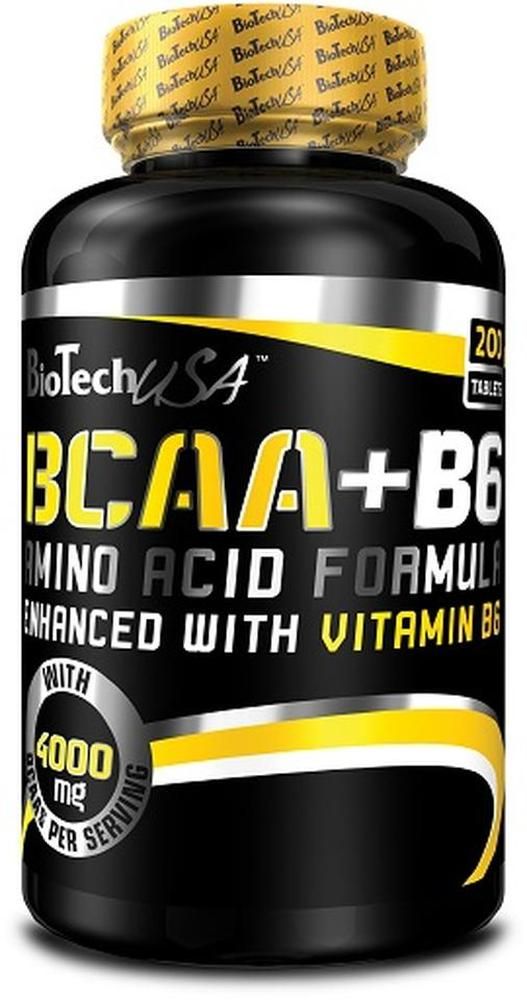 Schwarze Flasche mit gelben Akzenten. Aufschrift: BCAA+B6 Amino Acid Formula. Enthält 200 Tabletten. Marke: BioTechUSA.