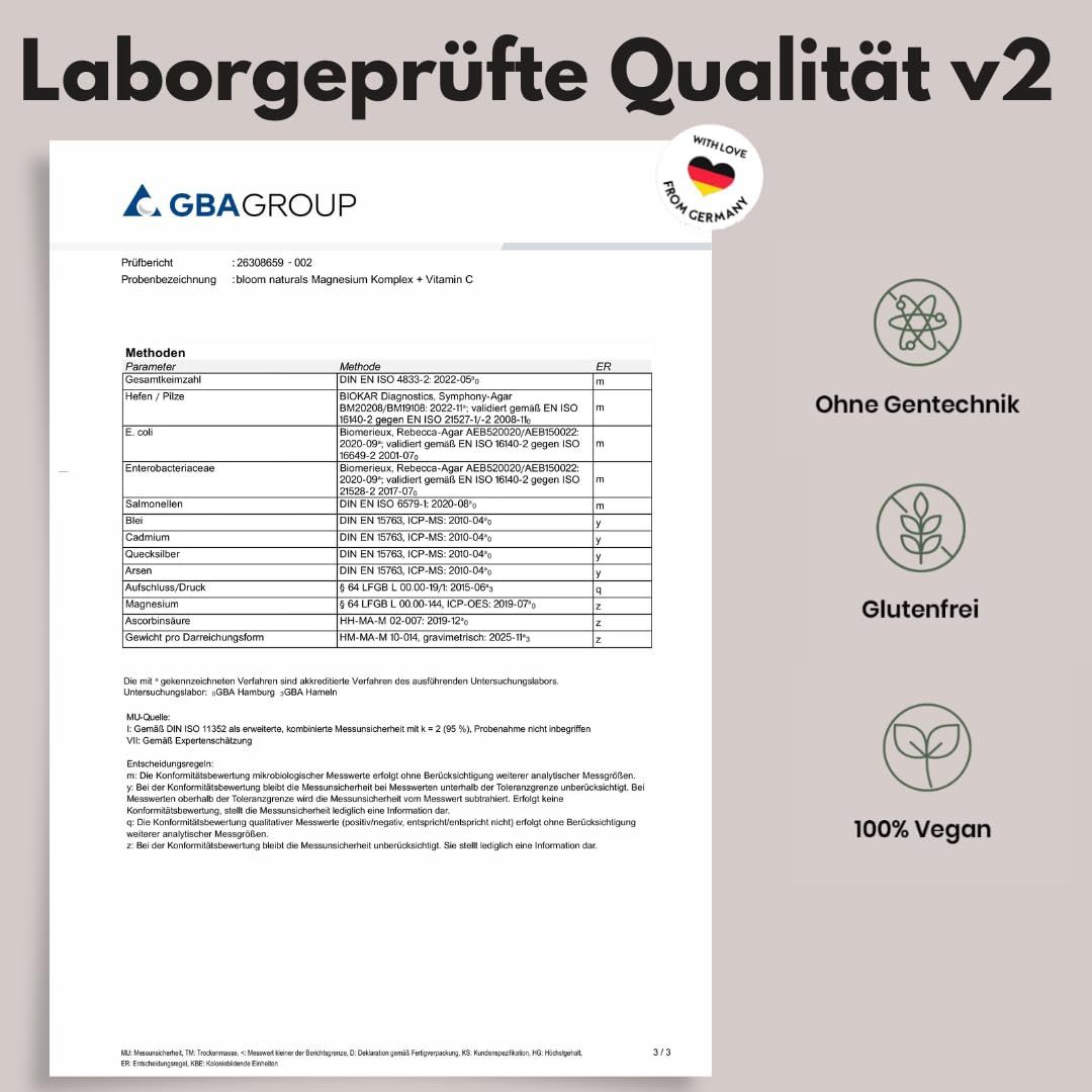 Laborbericht v2 für Bloom Naturals Magnesium Komplex + Vitamin C mit Siegeln für "Ohne Gentechnik", "Glutenfrei", "100% Vegan".