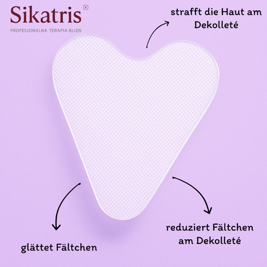 Herzförmiges Silikonpflaster mit Pfeilen. Text: glättet Falten, reduziert Falten, strafft Haut.