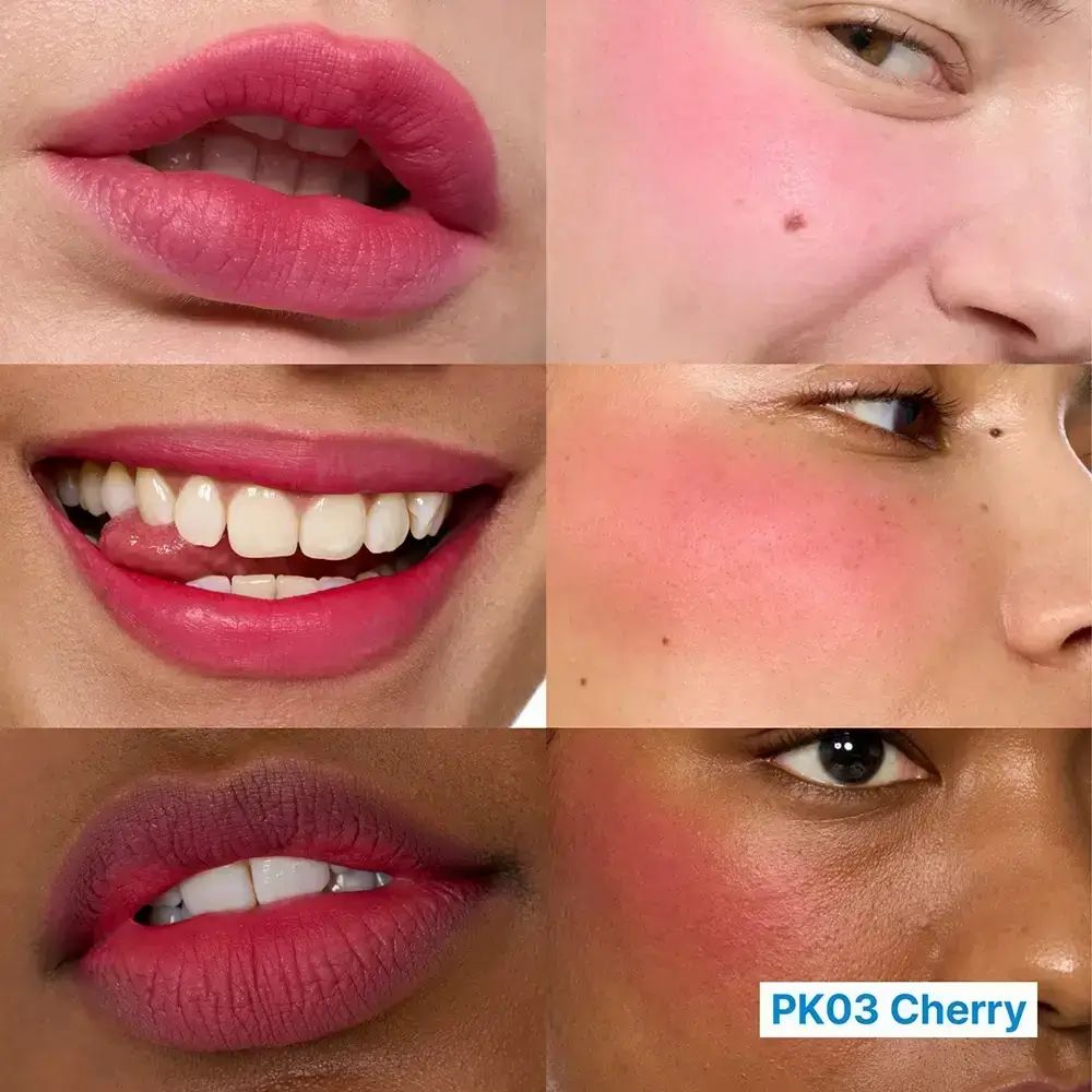 Verschiedene Gesichter mit Lippen und Wangen in Kirschrot. Text: PK03 Cherry.
