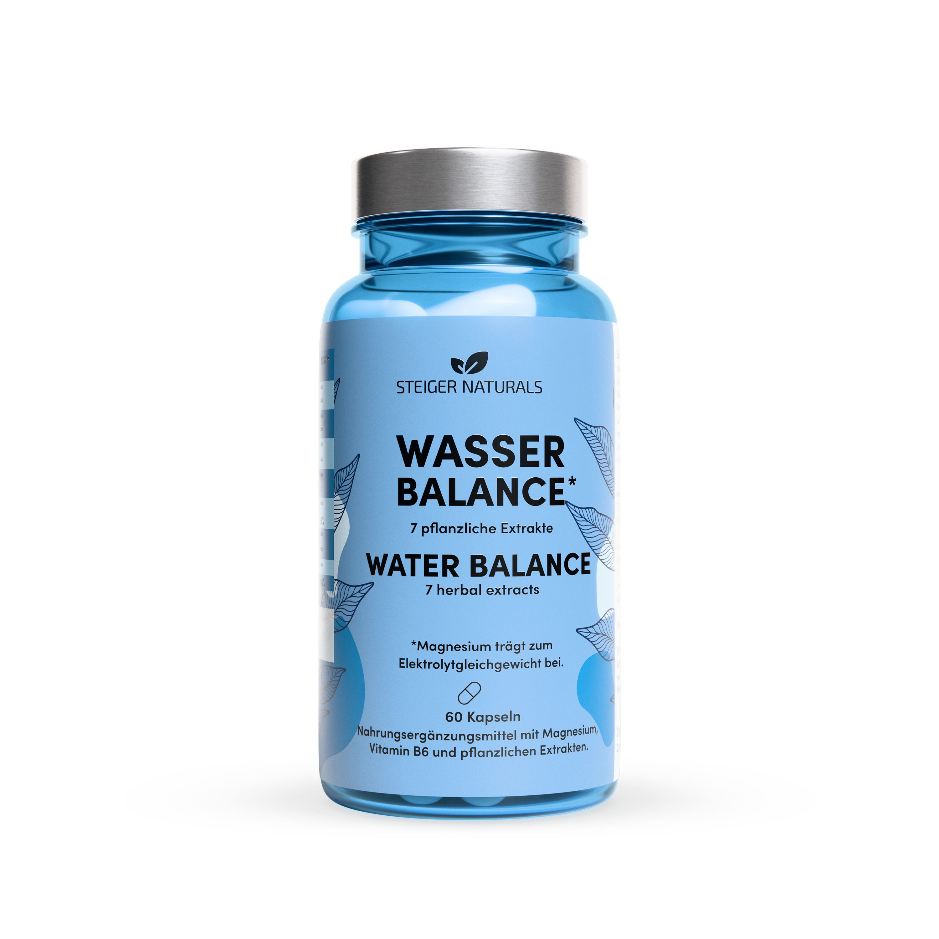 Blaue Flasche mit Kapseln. Aufschrift: Wasser Balance, 7 pflanzliche Extrakte. 60 Kapseln.
