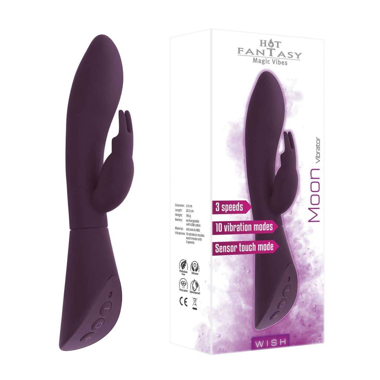 Purpurroter Vibrator im Karton. Aufschrift: Hot Fantasy, Moon Vibrator. Funktionen: 3 Geschwindigkeiten, 10 Modi, Sensor-Touch.