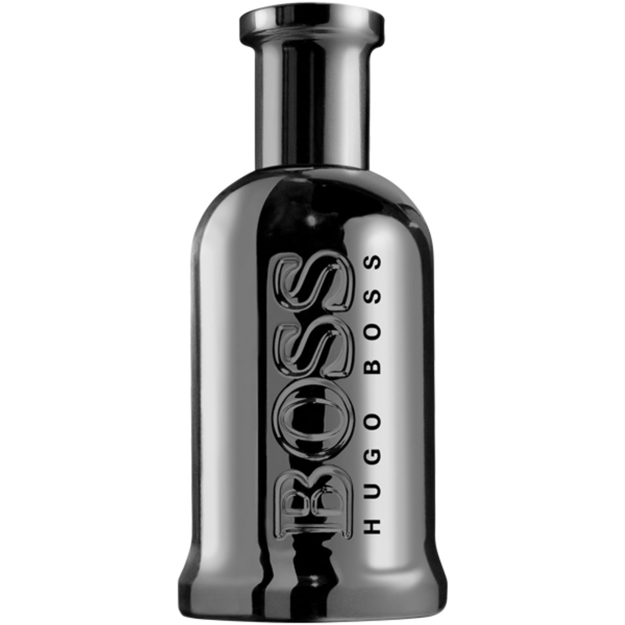 BOSS-Flakon. Silberfarbenes Glas. Logo BOSS und Hugo Boss-Schriftzug. Zylindrischer Hals. Schwarzer Verschluss.