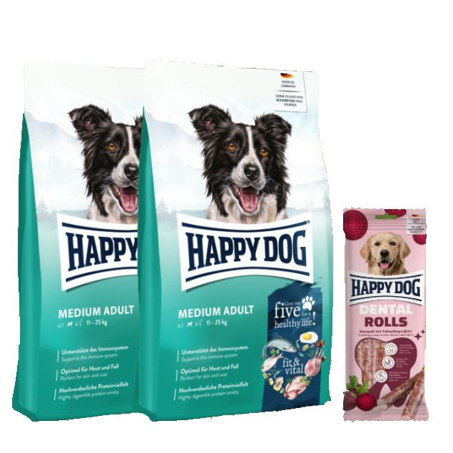 Happy Dog Fit & Vital Medium Adult Doppelpack + Happy Dog Dental Rolls *geschenkt*
